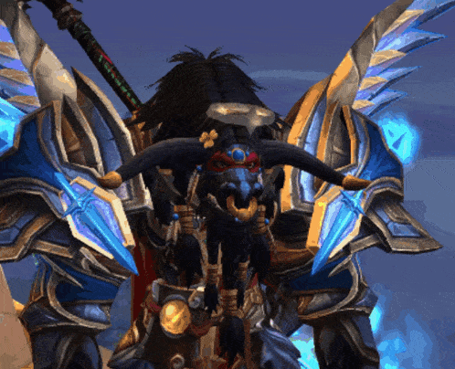 a video game character with horns and wings is holding a spear