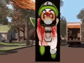 a cartoon character with blood on his face is standing next to a truck .