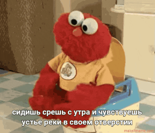 elmo from sesame street is sitting on a toilet with a foreign language caption