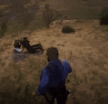 a man in a blue shirt is holding a horse in a field