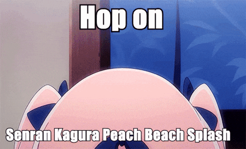 a picture of a girl with the words hop on senran kagura peach beach splash written on it