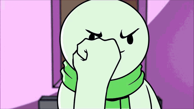 a cartoon character wearing a green scarf covering his face with his hand