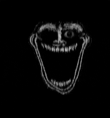 a black and white drawing of a person 's face with a smile on it on a black background .