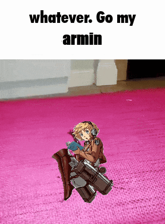a cartoon of a girl sitting on a pink rug with the words whatever go my armin