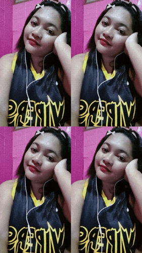 four pictures of a woman wearing a jersey that says pretty on it