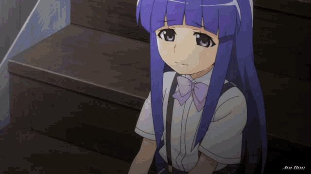 a girl with purple hair and a purple bow tie sits on a set of wooden stairs