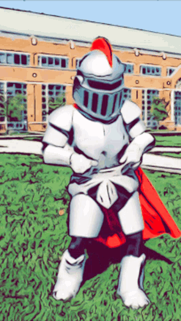 a knight with a red cape is standing in front of a building