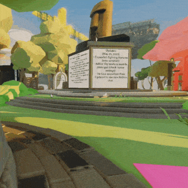a cartoon scene with a sign that says updates