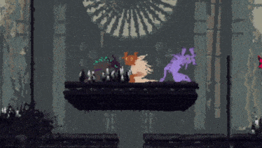 a pixel art drawing of a cat and a purple monster in a dark room