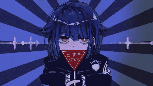 a drawing of a girl holding a stop sign in front of her face