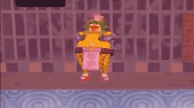 a cartoon duck is holding a rope in a video game .