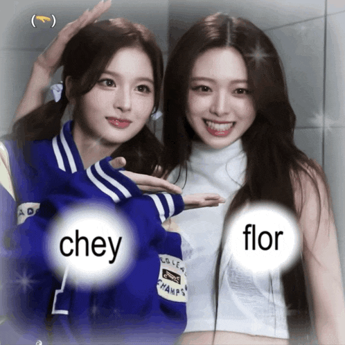 two girls posing for a picture with the words chey and flor on them