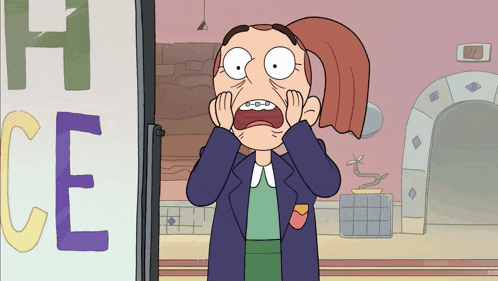 a cartoon character with braces on her teeth stands in front of a sign that says hce