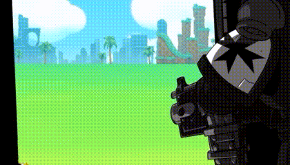a cartoon character is holding a gun in front of a green field .