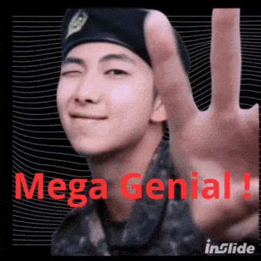 a man in a military uniform giving the middle finger with mega genial written in red
