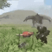 a video game scene with a dragon flying over a field