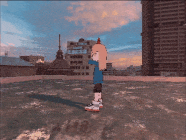 a pixel art of a person standing on a roof