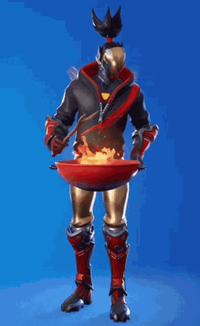 a man in armor is holding a grill and marshmallows in his hands