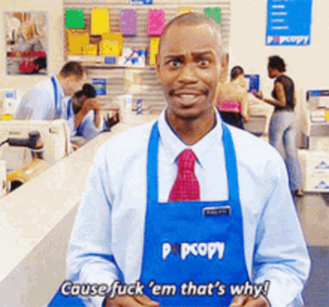 a man is wearing a blue apron that says popcopy on it