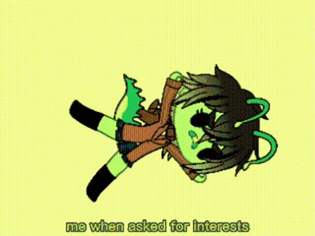 a cartoon character is doing a handstand on a purple background and says `` me when asked for interests '' .