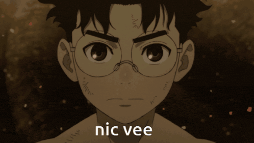 a cartoon of a boy with glasses and the words nic vee below him