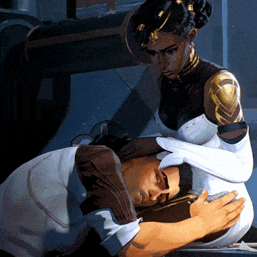 a cartoon drawing of a woman hugging a man laying on the floor