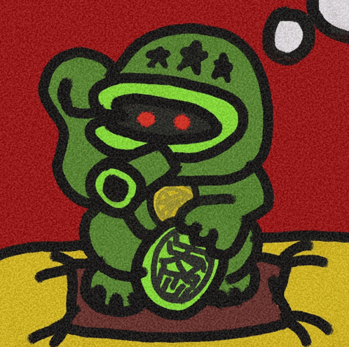 a cartoon drawing of a green monster with three stars on it 's helmet