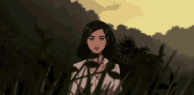 a cartoon of a woman standing in the grass