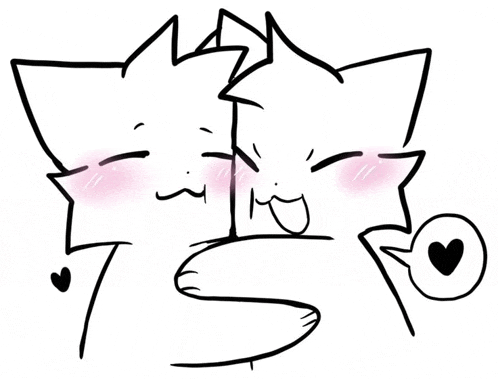 a black and white drawing of two cats kissing each other with a heart in the middle .