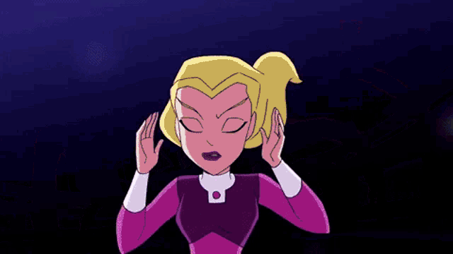 a cartoon character with blonde hair is covering her ears