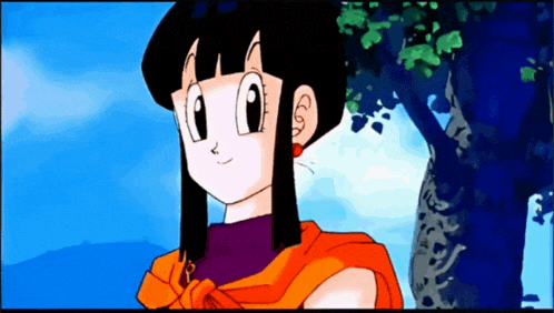 a cartoon girl with long black hair and a red earring is standing next to a tree