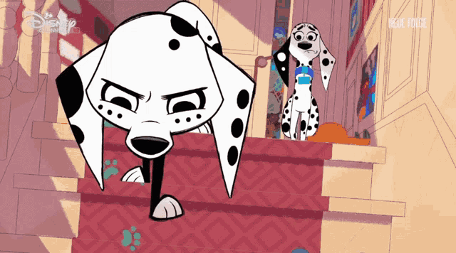 a dalmatian dog is standing on a set of stairs with a disney logo on the bottom