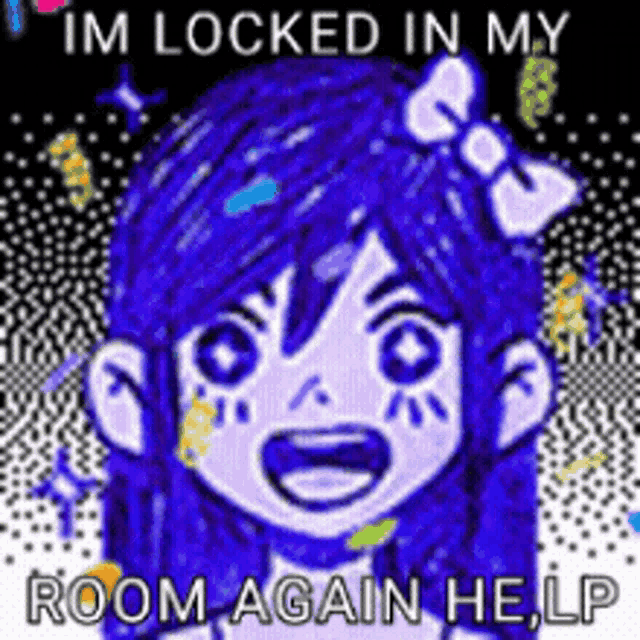 a girl with blue hair and a bow on her head is locked in a room again .