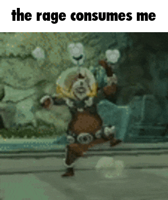 a cartoon character is dancing in a video game with the words `` the rage consumes me '' above him .