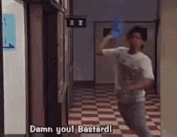 a man is running down a hallway with the words damn you bastard above him