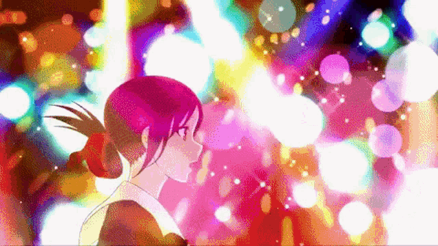 a girl with a red bow in her hair is surrounded by colorful lights .