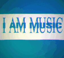 a sign that says " i am music " on a blue background