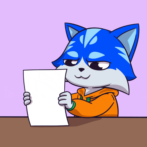 a cartoon drawing of a blue and gray cat holding a piece of paper