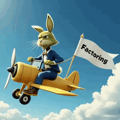 a cartoon rabbit is flying on a yellow plane with a flag that says factoring