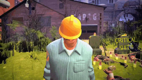 a man wearing a hard hat is standing in front of a building that says arg on it
