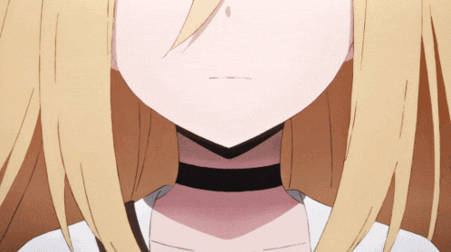 a close up of a girl with blonde hair and a black choker