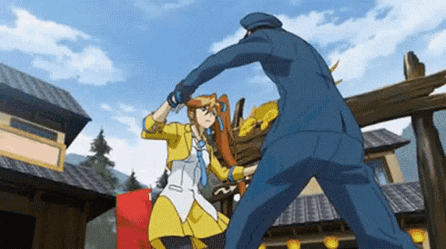 a man in a blue suit is holding a woman in a yellow dress in a cartoon .
