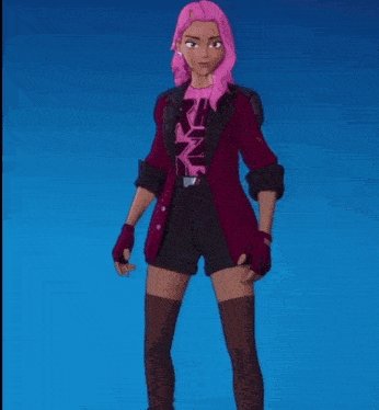 a cartoon girl with pink hair is wearing a purple jacket and shorts