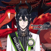 a man with horns is wearing a sash that says ' happy birthday child of man '