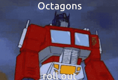 a cartoon of a robot that says octagons roll out on it