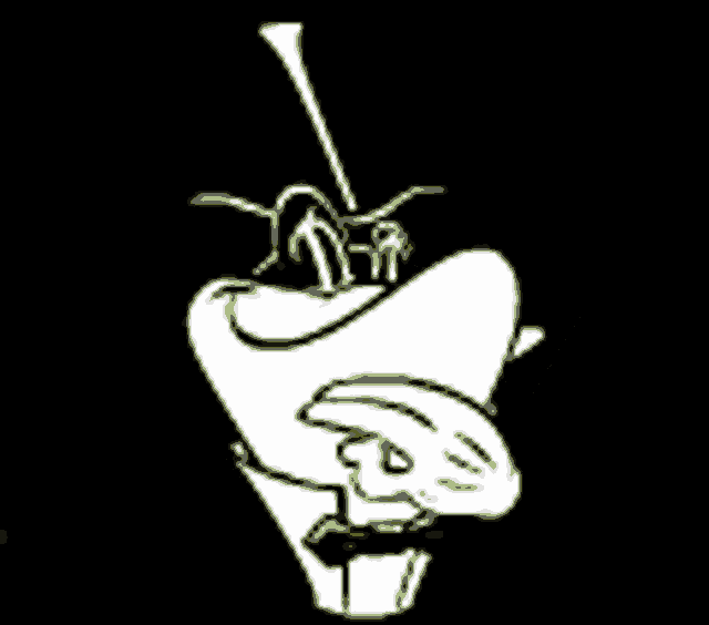 a black and white drawing of a cartoon character with a hat on .