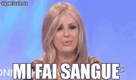 a woman with blonde hair says mi fai sangue on a blue background .