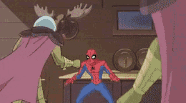 a cartoon of spider-man fighting mysterio and a moose