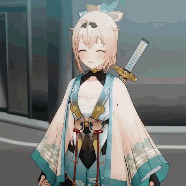 a girl in a kimono is holding a sword on her shoulder