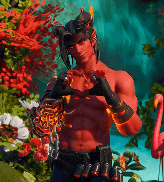 a red demon with horns is making a heart with his hands